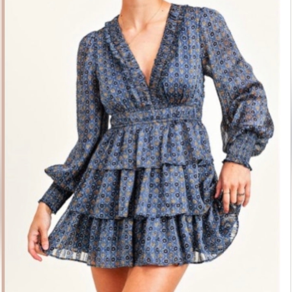 RESET Blue Floral Ruffle Tiered Mini Dress Long Sleeve Boho Dress Size S
